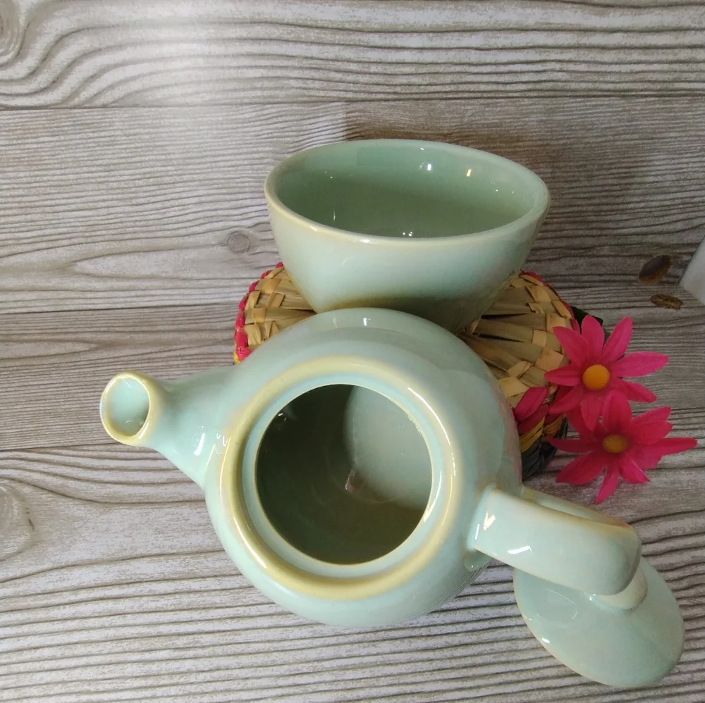 Pier One stoneware personal stackable tea pot, green color.